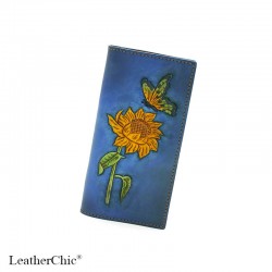 Hand Carved Long Wallet WL 021 Sunflower and Butterfly